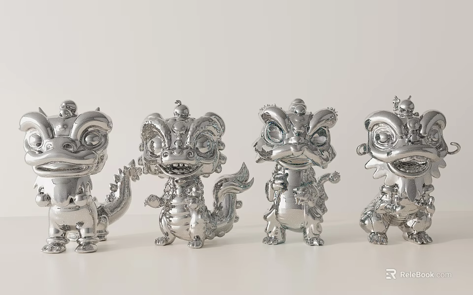 Multiple Silver Dragon Sculptures in Cartoon Style with Various Poses 3d model 
