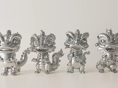 Multiple Silver Dragon Sculptures in Cartoon Style with Various Poses 3d model
