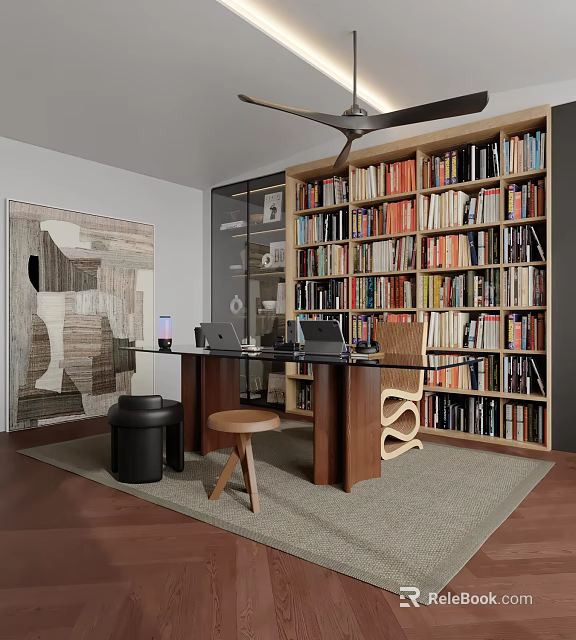 Modern Study Room Interior With Bookshelves Filled With Books Desk Laptop And Wall Art 3d model 