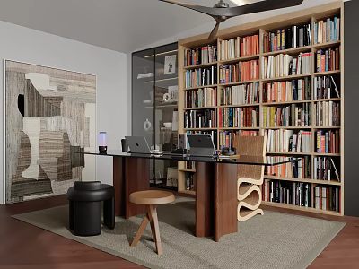 Modern Study Room Interior With Bookshelves Filled With Books Desk Laptop And Wall Art 3d model