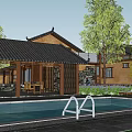 Traditional Modern Guesthouse Building With Wooden Exterior Water Pool And Landscape Trees
