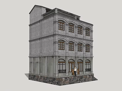 Traditional Gray Brick Commercial Complex Featuring Multiple Floors Windows And Stone Base Entrance 3d model