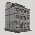 Traditional Gray Brick Commercial Complex Featuring Multiple Floors Windows And Stone Base Entrance