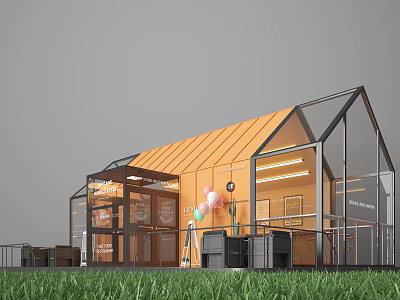 Modern Glass Building With Orange Roof Grass Area Colorful Balloons And Display Items 3d model