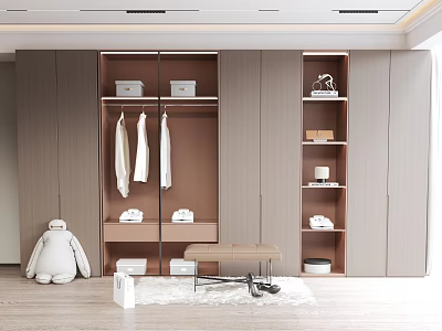 Modern Open Wardrobe Interior Design With Hanging Clothes Storage Boxes And Shelves 3d model