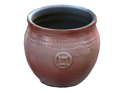 Reddish Brown Ceramic Vessel With Intricate Carved Patterns And Central Round Emblem 3d model