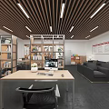 Public Office Space With Open Layout Desks Computers Wooden Bookshelves Sofas And Modern Ceiling Lights