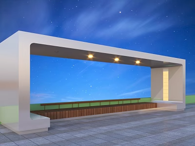 Modern White Pergola Illuminated With Lights Under Night Sky With Wooden Bench On Stone Pavement 3d model