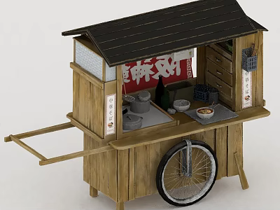 Wooden Mobile Food Car With Traditional Roof And Food Display Trays 3d model