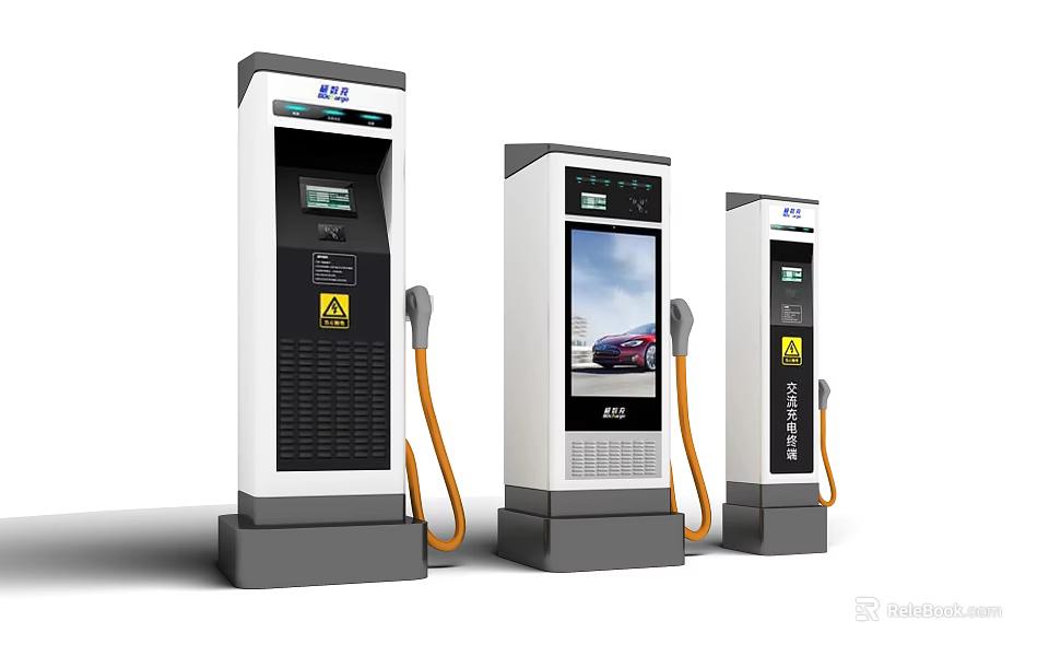 EAS EV Charging Stations With Modern Design Display Screens And Orange Cables 3d model 