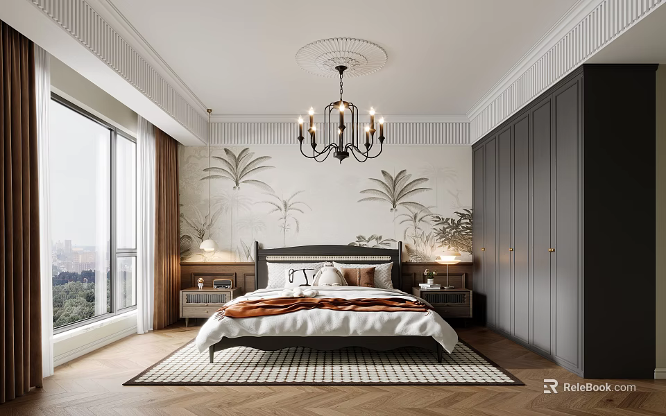 Elegant Modern Bedroom Interior With Palm Leaf Wall Chandelier Dark Wardrobes And Geometric Rug 3d model 