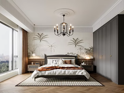 Elegant Modern Bedroom Interior With Palm Leaf Wall Chandelier Dark Wardrobes And Geometric Rug 3d model