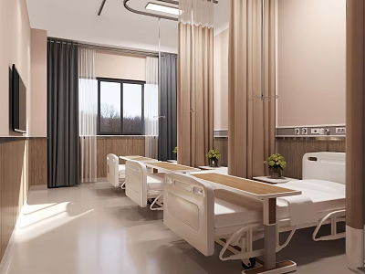 Spacious Modern Hospital Ward Interior With White Beds Wooden Panels And Gray Curtains 3d model
