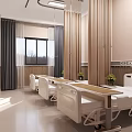 Spacious Modern Hospital Ward Interior With White Beds Wooden Panels And Gray Curtains