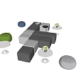 Modern Geometric Sofa And Coffee Table Set With Colorful Stools And Green Plants