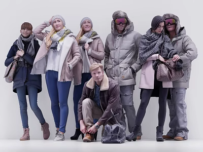 Group of People Wearing Stylish Winter Coats Scarves and Hats in Trendy Outfits 3d model