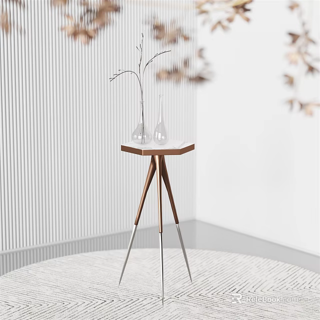 Modern Hexagonal Side Table With Wooden Metal Legs And Glass Vases On Round Rug 3d model 