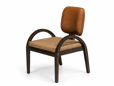 Vintage Curved Solid Wood Arm Chair With Textured Woven Seat And Soft Brown Leather Backrest 3d model