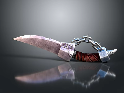Vintage Decorative Knife With Chain Red Leather Handle And Silver Metal Blade 3d model