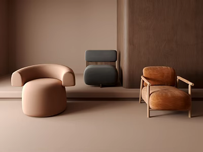 Modern Contemporary Single Seater Sofas In Neutral Tones With Curved Designs And Wooden Armrests 3d model