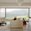Modern Living Room Interior With Large Window Mountain View White Sofa And Beige Armchair