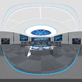 Modern Control Room Interior With Large Blue Display Screens Neat Consoles And Round Lighting Ceiling