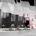 Banquet Hall Interior With Curved White Strip Ceiling And Pink White Flower Arrangements