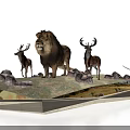 Male Lion and Stags Standing on Rocky Grassland with Natural Landscape Elements