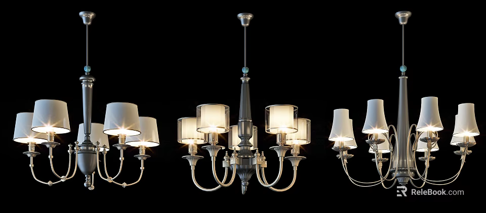 Elegant Classic Chandelier With White Shades And Metal Arms Design 3d model 