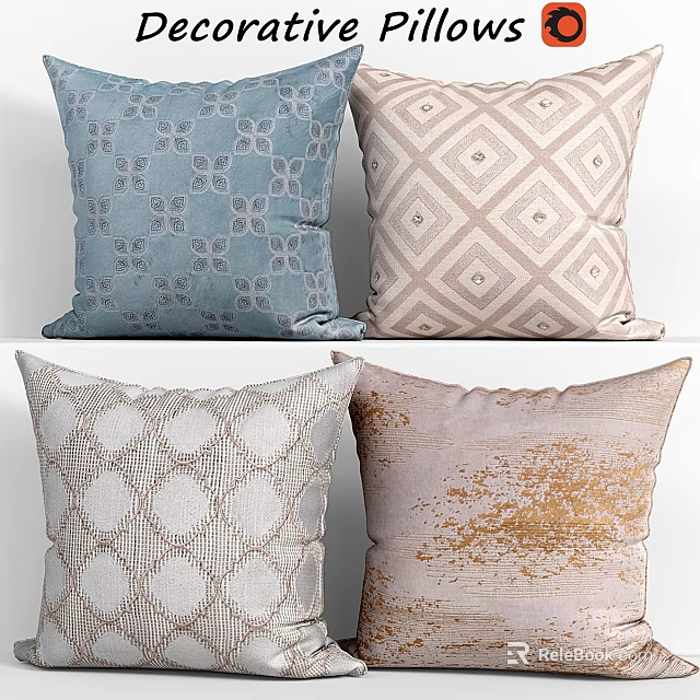 Decorative Throw Pillows With Blue Floral Diamond Circular And Gold Texture Designs For Home Decor 3d model 
