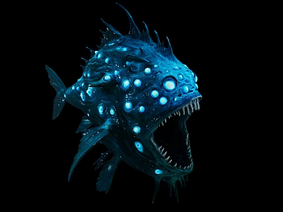 Blue Glowing Spotted Fish With Large Mouth And Sharp Teeth On Dark Background 3d model