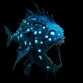 Blue Glowing Spotted Fish With Large Mouth And Sharp Teeth On Dark Background