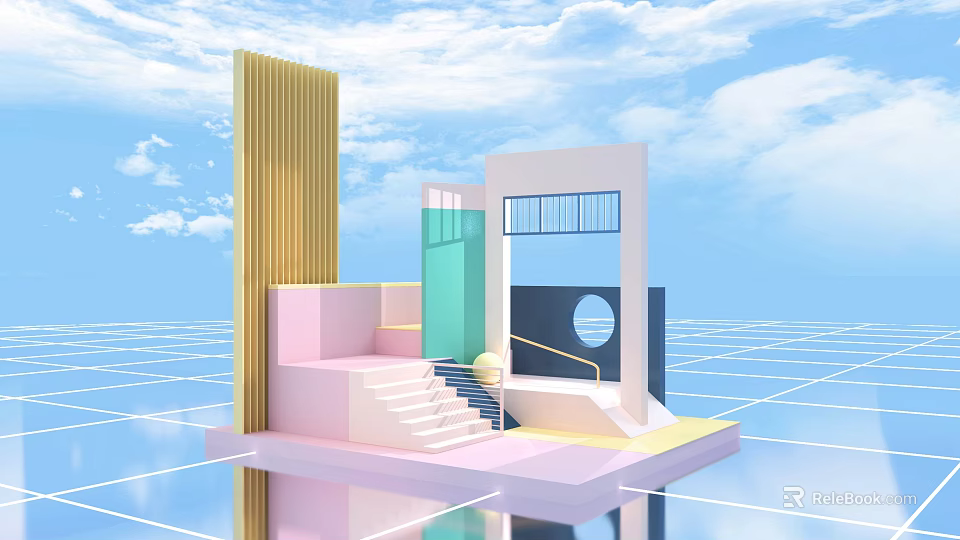 Colorful Modern Geometric Architectural Installation With Blue Sky And Reflective Grid Floor 3d model 