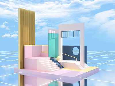 Colorful Modern Geometric Architectural Installation With Blue Sky And Reflective Grid Floor 3d model