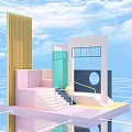 Colorful Modern Geometric Architectural Installation With Blue Sky And Reflective Grid Floor