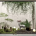 Courtyard Garden With White Walls Climbing Vines Ferns Deer Statue Glowing Spheres And Pebble Ground