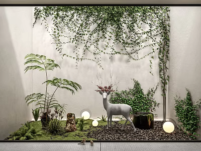 Courtyard Garden With White Walls Climbing Vines Ferns Deer Statue Glowing Spheres And Pebble Ground 3d model