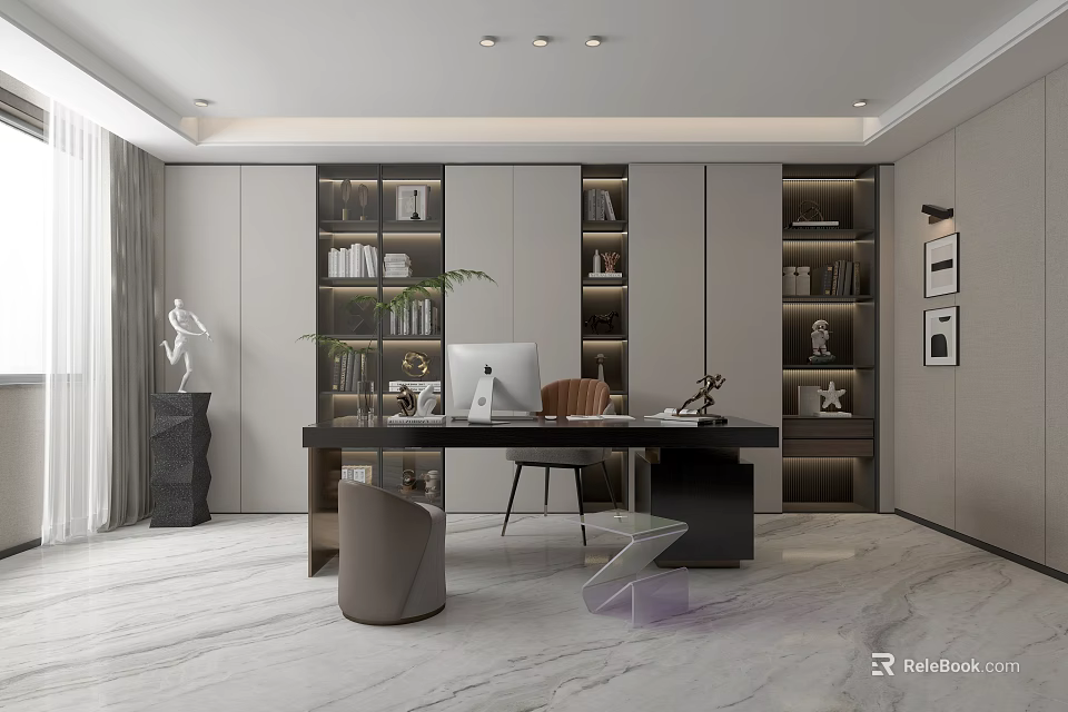 Modern Study Room With Bookshelves Desk And Decor 3d model