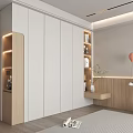 Modern Wardrobe Interior Design With White Panels Wooden Accents Open Shelves And Decorative Plants