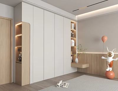 Modern Wardrobe Interior Design With White Panels Wooden Accents Open Shelves And Decorative Plants 3d model