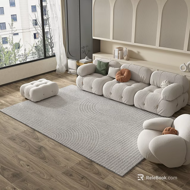 Gray Square Rug in Living Room with Wooden Floor White Sofa and Green Orange Pillows 3d model 