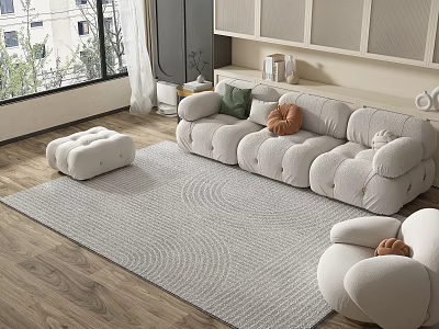 Gray Square Rug in Living Room with Wooden Floor White Sofa and Green Orange Pillows 3d model