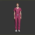 A Woman Standing In Pink Scrub Suit With White Sneakers On Gray Background