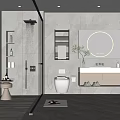 Modern Bathroom Interior With Round Mirror Marble Vanity Shower Area Toilet And Potted Plant