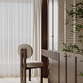 Modern Walk-in Closet With Dark Wooden Cabinets Round Backrest Chair White Curtains And Green Plants