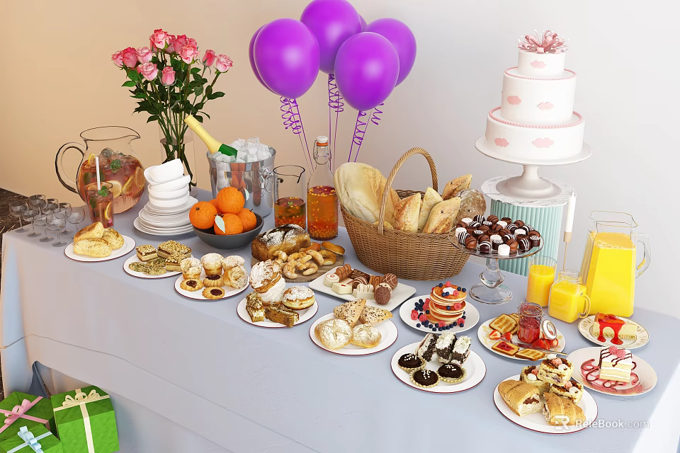 Appetizing Food Spread with Cake Bread Fruits Drinks Desserts Purple Balloons Flowers and Gift Boxes 3d model 