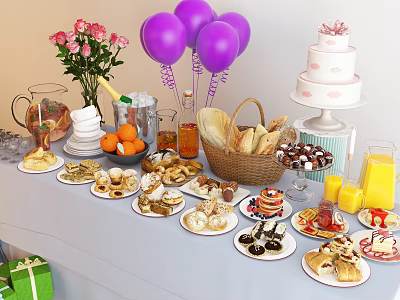 Appetizing Food Spread with Cake Bread Fruits Drinks Desserts Purple Balloons Flowers and Gift Boxes 3d model