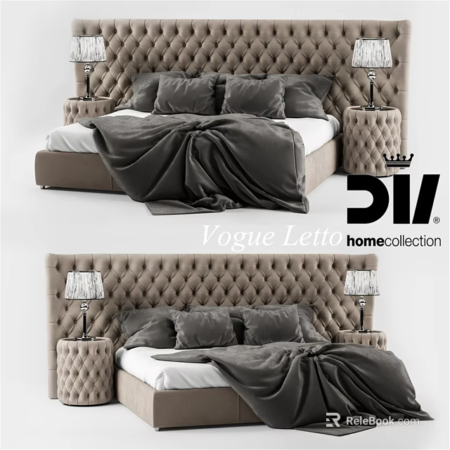 Elegant Double Bed With Tufted Headboard Grey Bedding And Bedside Lamps 3d model 