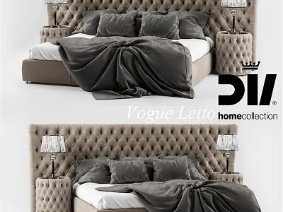 Elegant Double Bed With Tufted Headboard Grey Bedding And Bedside Lamps 3d model
