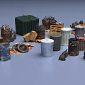 Public Facilities Including Various Trash Bins Garbage Bags And Cardboard Boxes